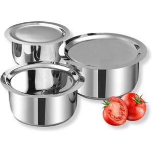 Vinod Stainless Steel 3 pc Pot Set with Capacity of 1.4 litres, 1.8 litres & 2.2 litres with Stainless Steel Lids (Gas Stove and Induction Friendly) - Silver