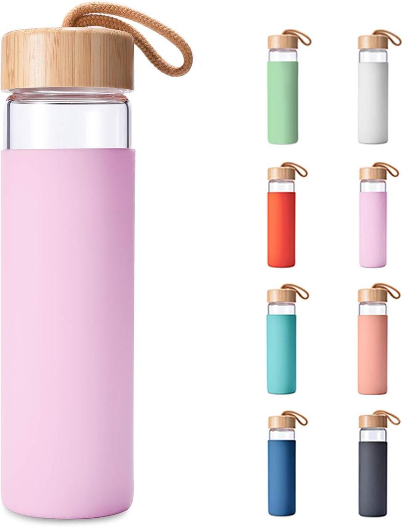 20 Oz Borosilicate Glass Water Bottles with Silicone Sleeve BPA Free, Dishwasher Safe - Reusable Clear Glass Drinking with Leak Proof Bamboo Lid | Perfect Gym Water Bottles for Men & Women (Lavendar Pink)