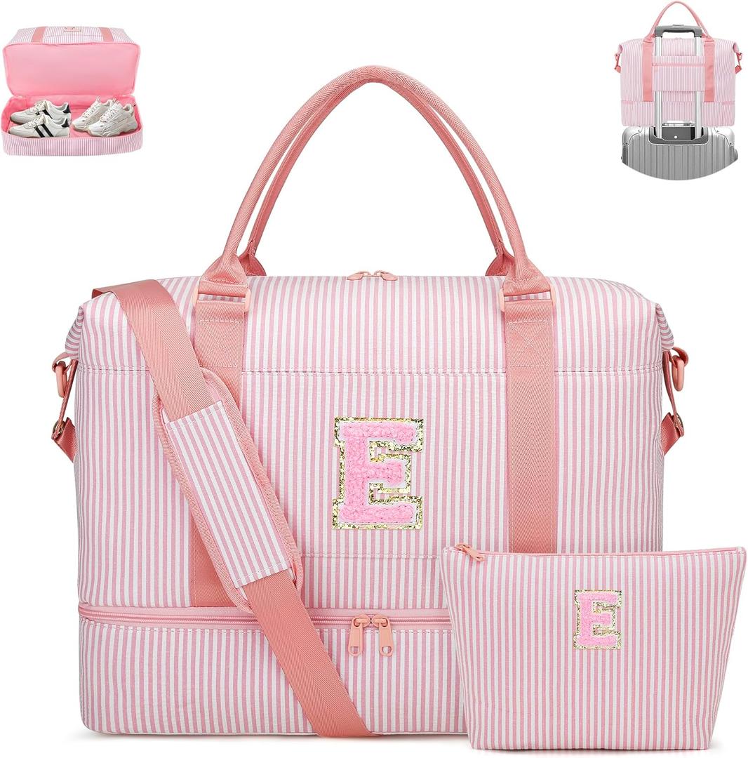 Girls Overnight Weekender Duffle Bag with Shoe Compartment Travel Carry On Teenager Girl Gifts Dance Cheer Gym Bag Personalized Initials Birthday Gifts for Teenage Kids Women (Pink-E)