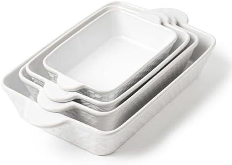 FOBENTA Casserole Dishes for Oven - Ceramic Bakeware Sets of 4, Rectangular Baking Deep Dishes with Handles, Lasagna Pans for Kitchen Cooking & Wedding Gift, Embossed