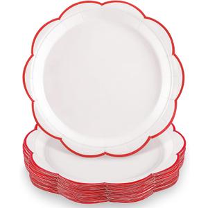 NatNarr 30 Pcs Red and White Paper Plates, 9 Inch White Plates with Red Trim Scalloped Paper Plate Disposable for Mother's Day, Baby Shower, Wedding, Bridal Shower, Birthday