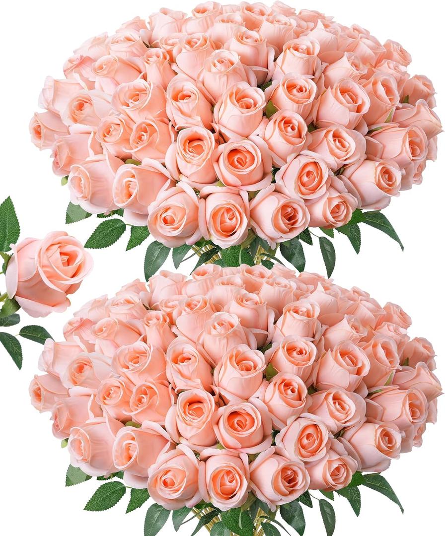 DREAMLOOM 50pcs Roses Artificial Flowers, Fake Roses Realistic with Long Stems Real Touch Silk Flowers Bouquet for Valentine's Day Wedding Anniversary DIY Floral Arrangement Gifts, Blush