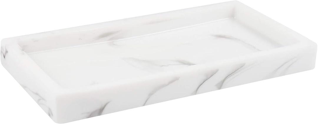 Vanity Tray, Mini Bathroom Kitchen Resin Vanity Tray Cosmetic Organizer Jewelry Ring Dish Holder for Towel/Plant/Jewelry - White Marble