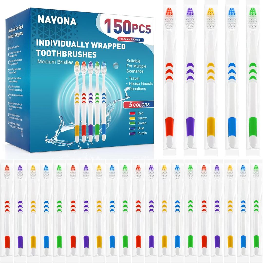 Navona 150 PCS Individually Wrapped Bulk Toothbrush Pack, Disposable Soft Bristle for Adult or Kid, Ergonomic Handle, Perfect for Travel, Hotel, Donation
