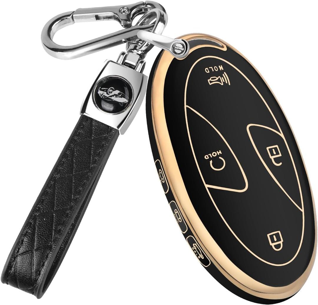 QBUC for Car Key Fob Cover,TPU 360 Degree Car Key Case Protector with Leather Keychain,7 Buttons smart key(Black)