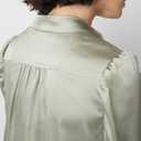 Womens Bay Leaf Satin Y Neck Ruched Shoulder Shirt Long Sleeve Tops Dressy Business Casual Blouse (M)