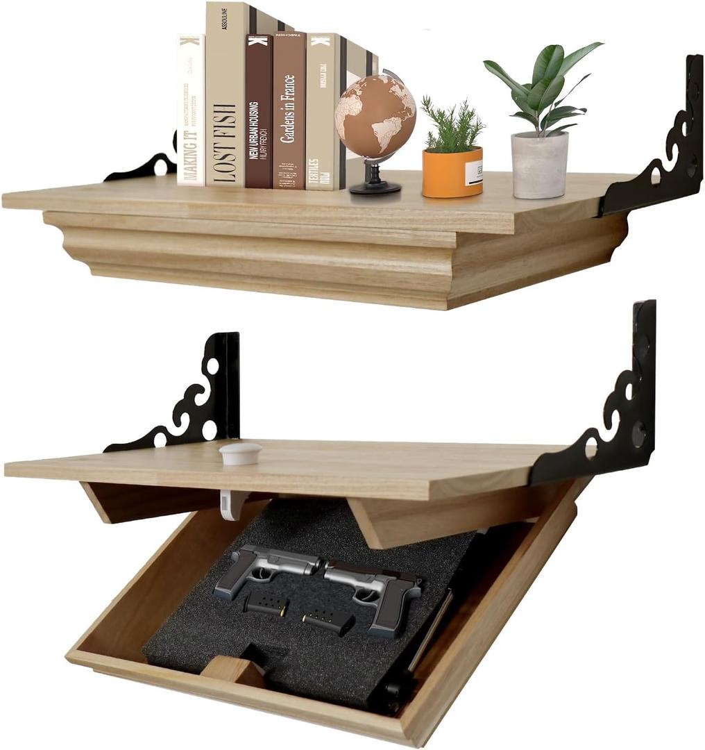 Hidden Shelf for Gun, Wall Mounted Hidden Gun Storage Shelf with Lock, Solid Wood Hidden Compartment Furniture (Natural)
