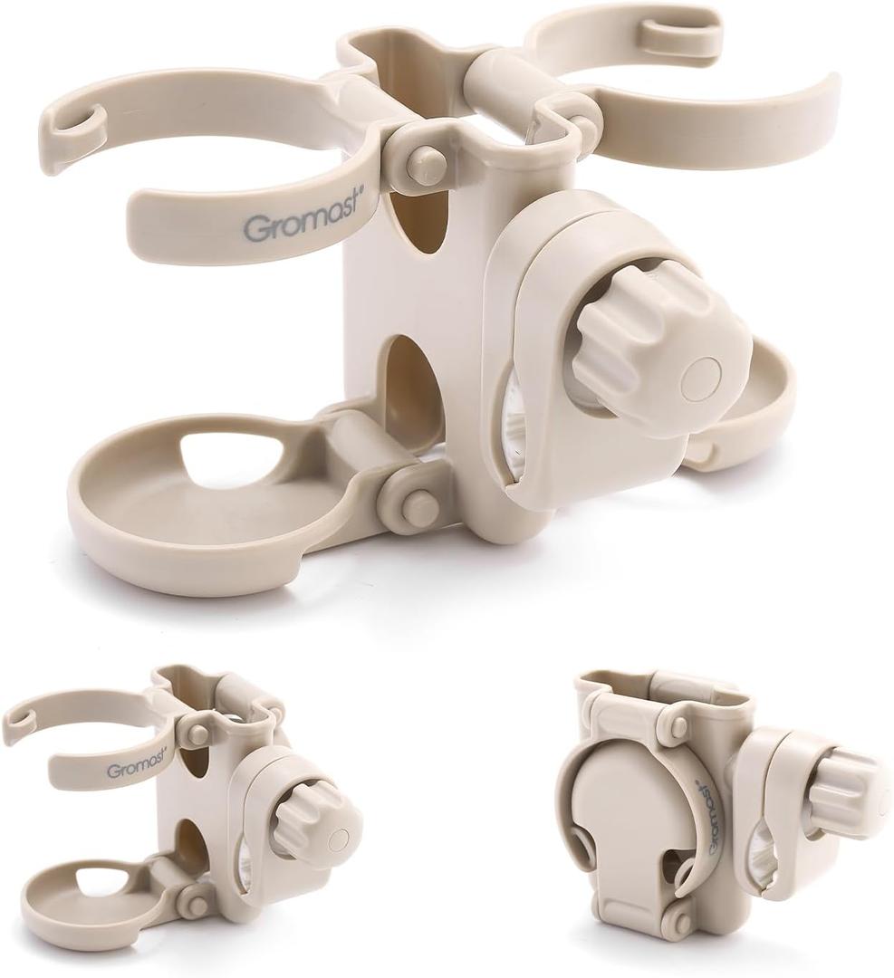 3 in 1 Foldable Stroller Cup Holder with Phone Holder, 360 Rotatable Bottle Holder, Universal Cup Holder for Stroller, Wheelchair, Bike, Walker, Scooter, Tricycle - Khaki