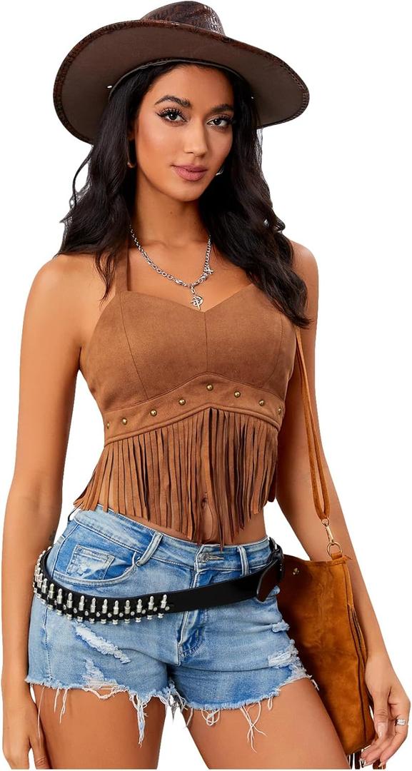 Women's Y2K Fringe Halter Western Cowgirl Tie Tank Top Tassel Rivet Faux Suede Hippie Crop Top 70s 60s Vintage