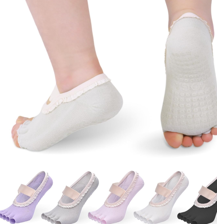 YOZHAKOU Women's Fashion Toe Separator Yoga Socks with Non-Slip Grips, Lace Trim - Breathable & Stretchy for Pilates, Ballet, Pack 2