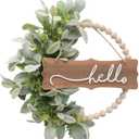 Green Wreath for Front Door, Wood Bead Wreaths with Artificial Lambs Ears Leaves, Hello and Welcome Door Sign Wreath for Home Decor, Spring Summer Green Leaf for Wedding Decor