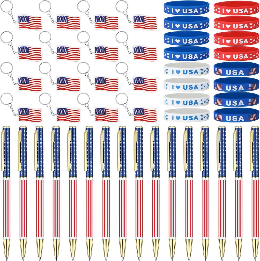 Huquary 48 Pcs American Flag Party Favors Bulk, Metal Ballpoint Pens, USA Keychains, Silicone Bracelets, Red White Blue Patriotic Event Supplies USA Souvenirs Gifts for Veterans Day 4th of July