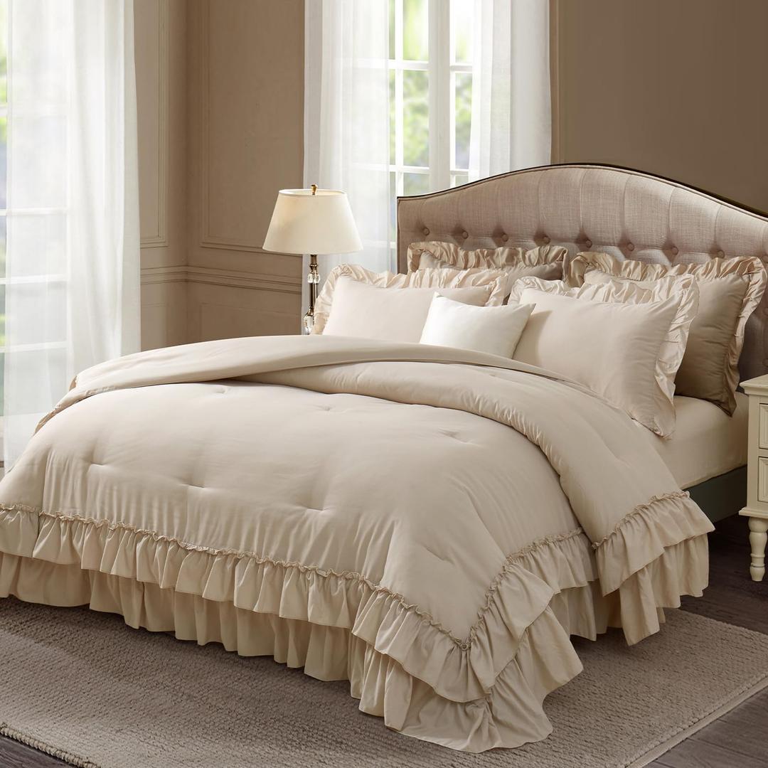 Themelove Full Size Comforter Set Beige, Lightweight Fluffy Farmhouse Ruffle Bedding Set, Soft Microfiber All Season Shabby Chic Bed Set 3 Pieces(1 Ruffle Comforter 2 Pillowcases)