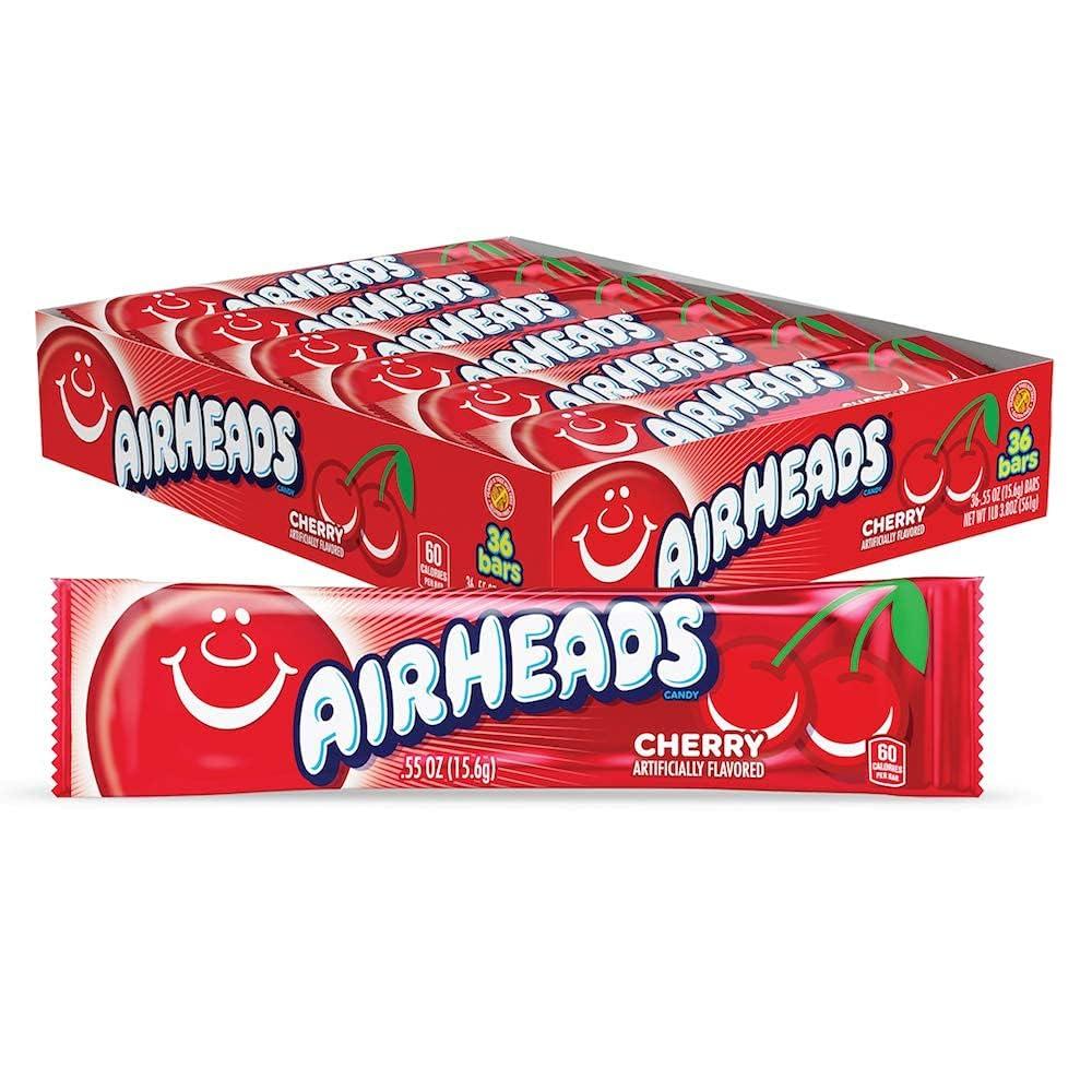 Airheads Full-Size Candy Bars, Taffy Candy Pack, Individually Wrapped Bulk Candy, Cherry Flavor Artificially Flavored, 36 Count Box