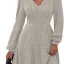 PRETTYGARDEN Long Sleeve Mini Dress for Women 2026 Spring V-neck Knit Babydoll A Line Casual Short Party Dresses