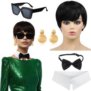 5 Pcs Halloween Social Media Star Costume Accessories Include Wig Sunglasses Fake Collar Bow Tie and Earrings Famous Mom Personality Outfit for Mom Women Cosplay Party