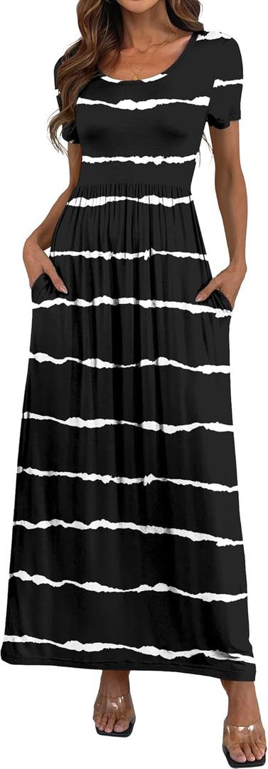 HAOMEILI Women's Short Sleeve Loose Maxi Dresses Casual Long Dresses with Pockets S - Striped Black
