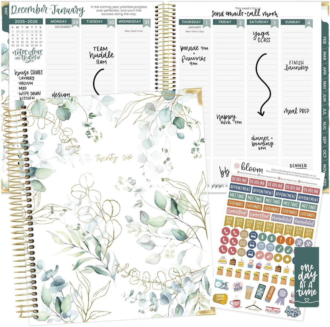 bloom daily planners 2026 Hardcover Calendar Year Goal & Vision Planner (January to December) - Monthly & Weekly Agenda Organizer - 7.5" x 9" - Eucalyptus, White