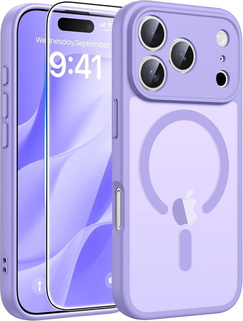 FNTCASE for iPhone 17 Pro Case: [Compatible with Magsafe] Translucent Matte Cases with [Full Camera Protection] [Screen Protector] Military Grade Shockproof Protective Phone Cover - Light Purple