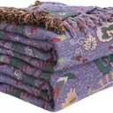 Boho Throw Blanket for Bed 100% Cotton Soft Lightweight Quilt Home Decor Purple Spring Bed Blanket,Floral Embroidery Reversible All Season Breathable Twin Throws for Sofa Couch Chair 60"x80"