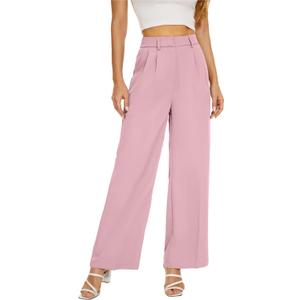 Women Office Wide High Waist Pants Loose Fit Elastic Waist Pleated Front Trousers for Work Casual (Medium Short, Pink)