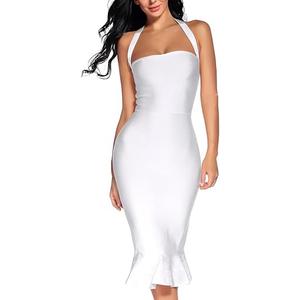 Women's Bandage Dress Sexy Halter Fishtail Bodycon Holiday Party Club Wedding Guest Dress (White, XS)