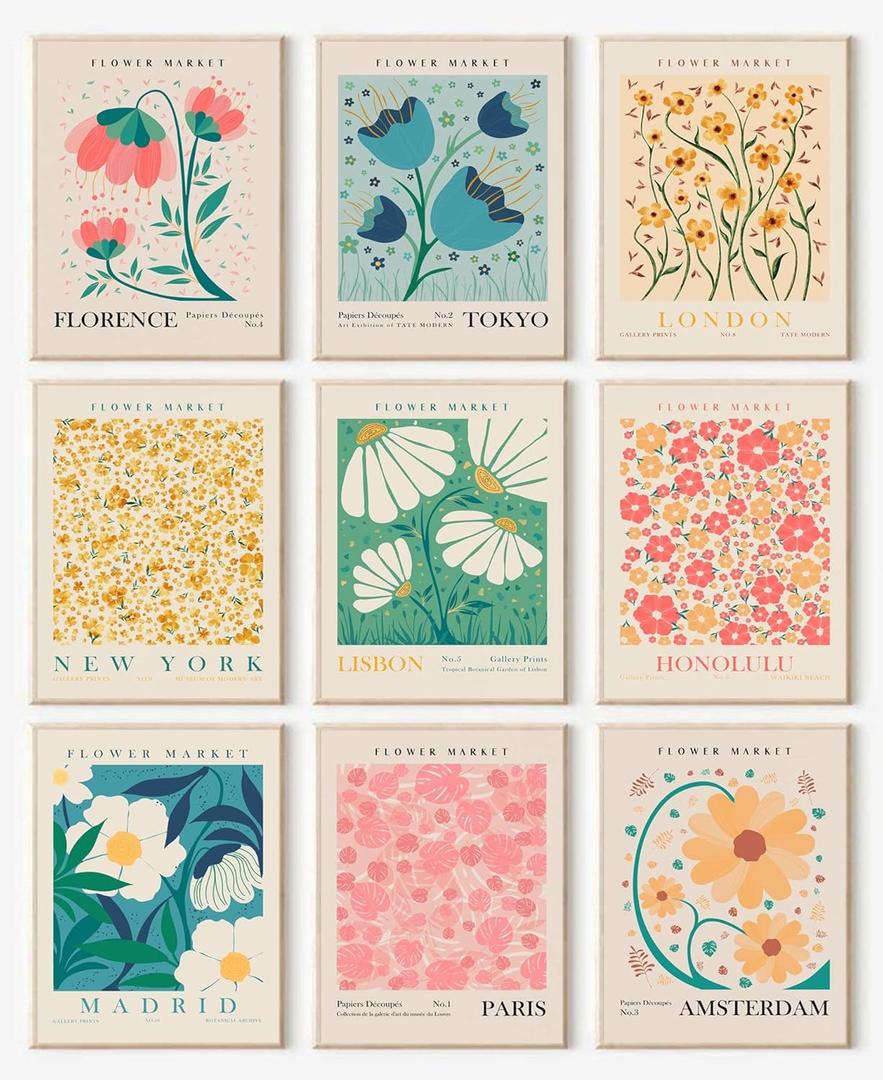 Flower Market Poster Set of 6, Abstract Flower Market Wall Art Prints, Vintage Colorful Floral Wall Art Decor, Boho Room Decor8x10inch, Unframed)