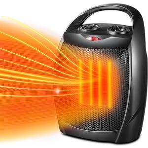 Kismile Small Electric Space Heater Ceramic Space Heater,Portable Heater Fan for Office with Adjustable Thermostat and Overheat Protection ETL Listed for Kitchen, 750W/1500W(Black) (Luxury Black-Built-in Handle)