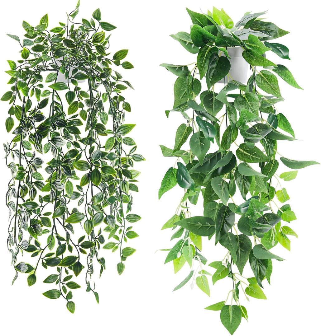 Der Rose 2 Pack Fake Plants Hanging Faux Potted Ivy Vine Artificial Plants Indoor for Room Bathroom Wall Shelf Outdoor Decor