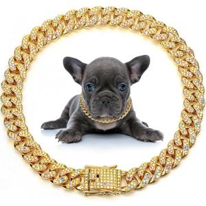 LEIFIDE Dog Chain Collar Diamond Link Puppy Collar 12 mm Wide Dog Necklace Metal Cat Chain Pet Crystal Necklace Jewelry Accessories for Small Medium Large Pet(24 Inch,Gold, AB Color)