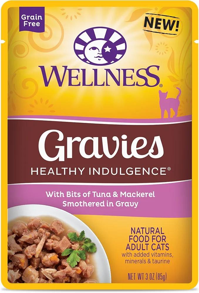 Wellness Natural Pet Food Healthy Indulgence Grain Free Wet Cat Food, Tuna and Mackerel Gravies, 3 Ounce (Pack of 24), Best By: 14 DEC 2025