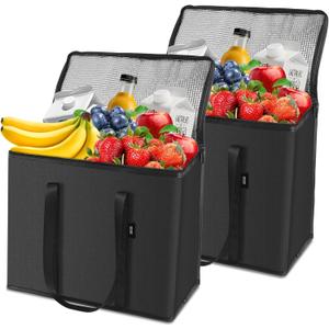 2-Pack Cold Storage Food Bag, Insulated Grocery Bags for Delivery, Heavy Duty Reusable Bags with Zippered Top, Foldable and Durable for Frozen Foods and Shopping Black