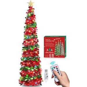 HMASYO 6 FT Pop Up Tinsel Christmas Tree with 100 Colored Timer Lights & Remote, Red Green Collapsible Artificial Pencil Tree Xmas Decoration for Home, Office, Party, USB Powered, Easy Assembly