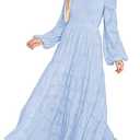 MITILLY Women's Elegant Floral Long Sleeve Round Neck Smocked A-Line Flowy Tiered Maxi Dresses with Pockets Large Light Blue