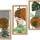 Putuo Decor Set of 3 Boho Wall Decor with Woman Face, Abstract Wall Art Botanical Cut-Out MDF Panels, Mid-Century Modern Aesthetic Artwork for Bedroom Living Room Office