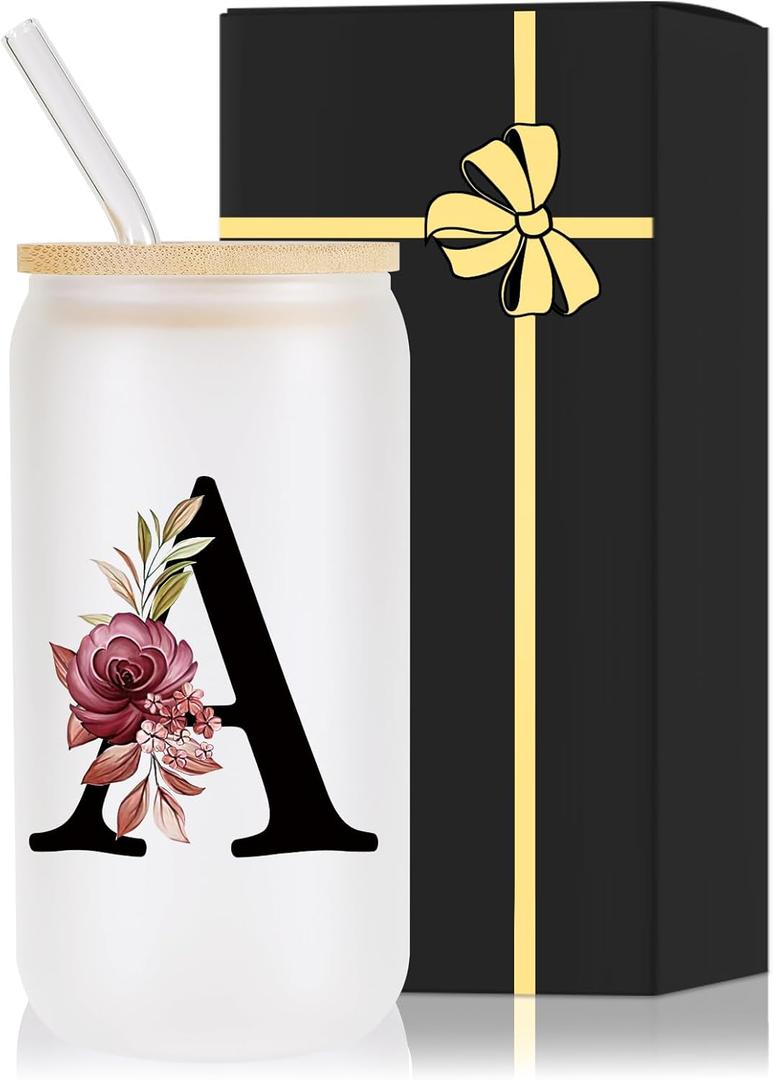 Monogrammed Glass Drinking Cup With Bamboo Lid StrawCustomized Iced Coffee Tumbler 16oz Clear Mason Jar Beer Water Smoothie Cocktail Accessories Cool Cute Mug Gift Vasos De Vidrio Con Tapa Popote,A