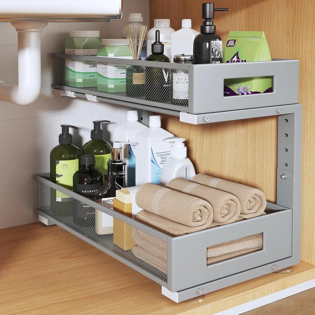 1 Pack 19IN Depth Under Sink Organizer, 2-Tier Pull Out Cabinet Organizer With Smooth Circular Rail, Large Capacity Metal Mesh Sliding Drawers For Bathroom& Kitchen Storage,Height Adjustable-Gun Gray, 1 Pack-19"dx11.6"-16.7" H