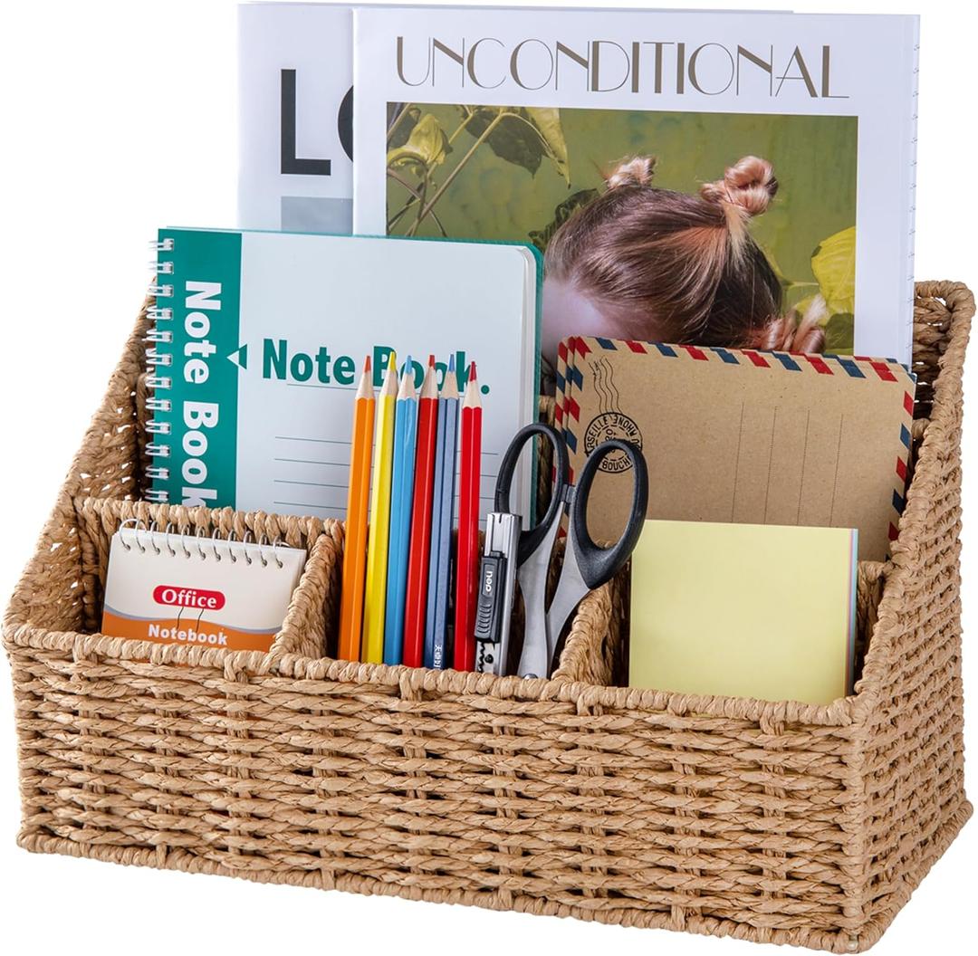 DINGTAI Rattan Desk Organizer, Tabletop Mail Holder, 5 Slot Mail Organizer Countertop Basket, Rattan Office Supplies, Boho Office Desk Accessories, Wicker Desk Organizer, Magazine Holder , Wicker