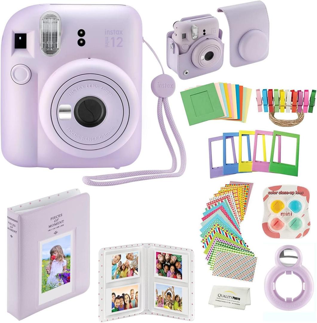 Fujifilm Instax Mini 12 Instant Camera Pastel Blue with Film Value Pack (40 Sheets) + Accessories Including Galaxy Carrying Case Strap, Photo Album, Stickers (Purple)