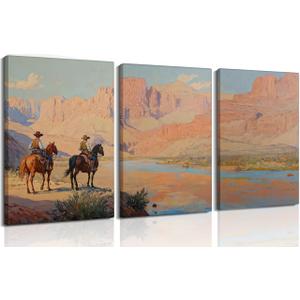Frswuset 3Pcs Western Cowboy Canvas Wall Art Vintage Cowboy Pictures Wall Decor Desert Landscape, Rodeo Horseback Posters Riding Equestrian Prints Decor for Living Room Bedroom 16x24inFramed