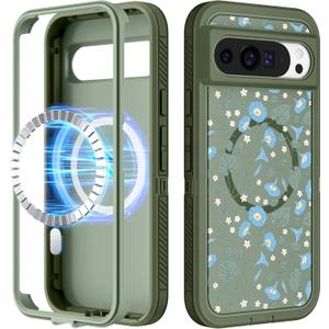 for Google Pixel 9 Pro XL Case - Compatible with MagSafe Women Cute Girls Magnetic Protective Cover Blue Flowers Floral Unique Design Heavy Duty Shockproof Phone Case for Pixel 9 Pro XL 6.8"