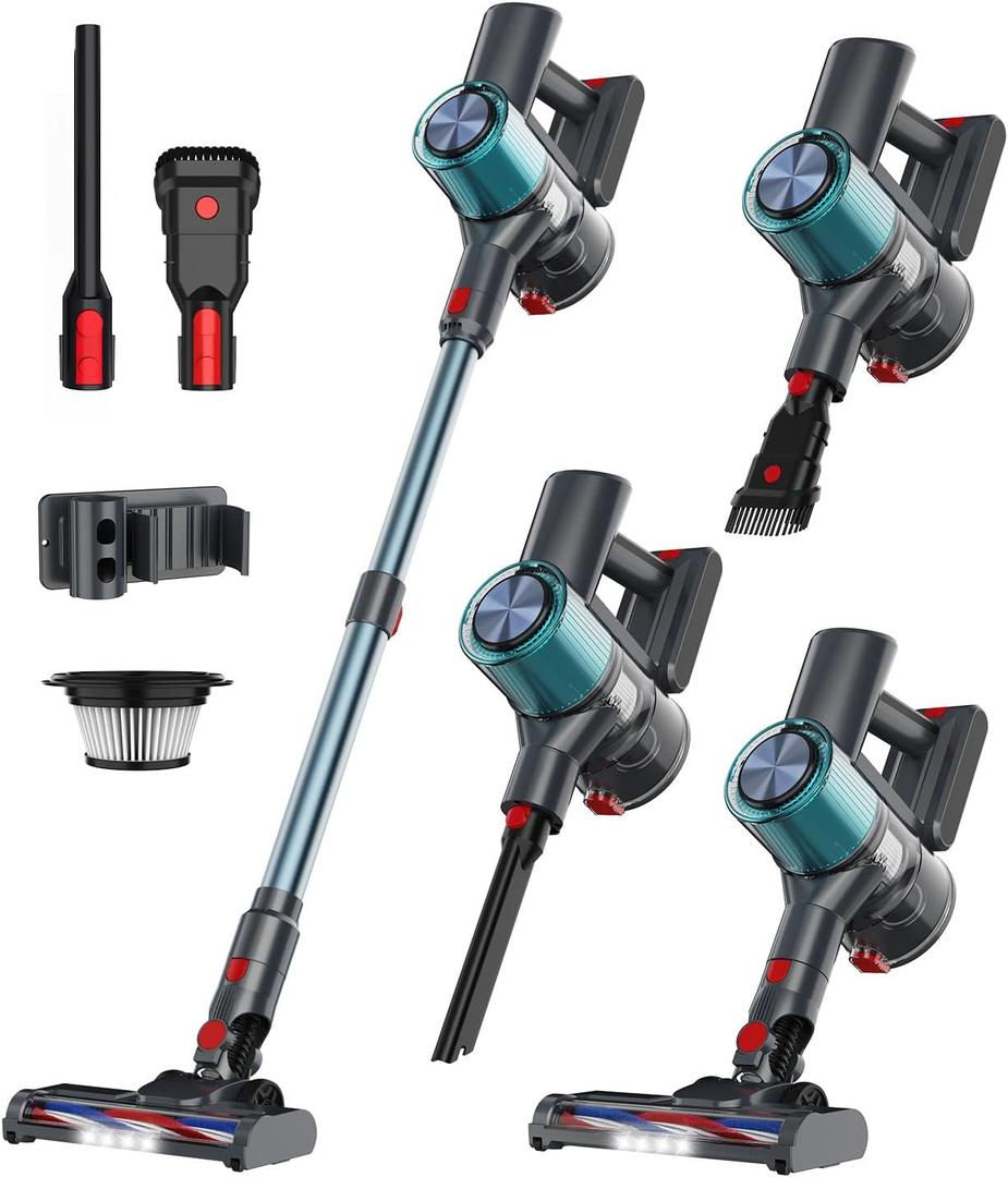 GGV Cordless Vacuum Cleaner, 60 Mins Runtime Vacuum Cleaners for Home, Stick Vacuum Self-Standing, Wall Mount Charging, 3 Mode Handheld Vacuum for Pet Hair/Carpet/Floor (Green)