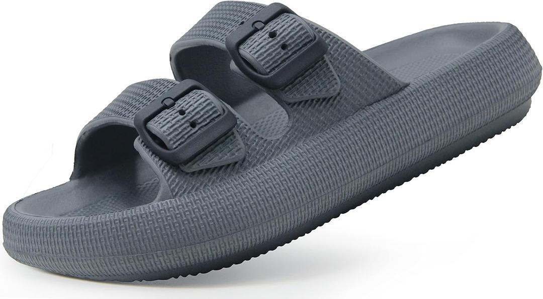 Weweya Sandals for Women and Men - Pillow Slippers - Double Buckle Adjustable Slides - EVA Flat Sandals (9.5-10.5 Women/8.5-9.5 Men, Grey)