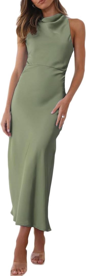 Halfisland Satin High Neck Backless Sleeveless Midi Dresses for Women Elegant Mock Neck High Waist Cross Back Cocktail Dress (Small, Sage)
