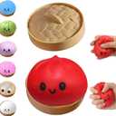 Dumpling Squishies Toy, Giant Glitter Dumpling, Colorful Steamed Bun Stress Balls Fidget Sensory Toy,Squeeze Dough Ball Stress Relief Hand Toys with Food Steamer Stretchy Desk Toys (Red)