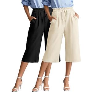 1 Pack Women's Wide Leg Linen Capri Pants Casual Cotton High Waist Cropped Palazzo Summer Trousers with Pockets XL