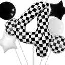 2 x Race Car Party Decorations  7PCS Black, White & Checkered Foil Balloons Set with Stars, Rounds & Checkered Number 4 Foil Balloons for 4th Racing Birthday Party Supplies