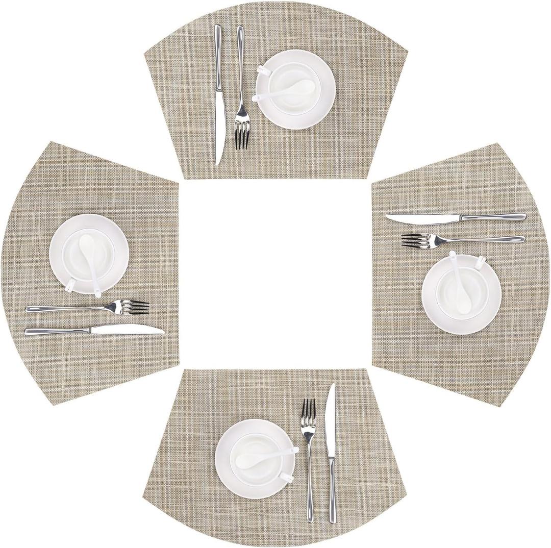 SHACOS Wedge Placemats Set of 4 for Small Round Table Woven Vinyl Table Placemats Wipe Clean CircleTable Mats Indoor Outdoor, Beige