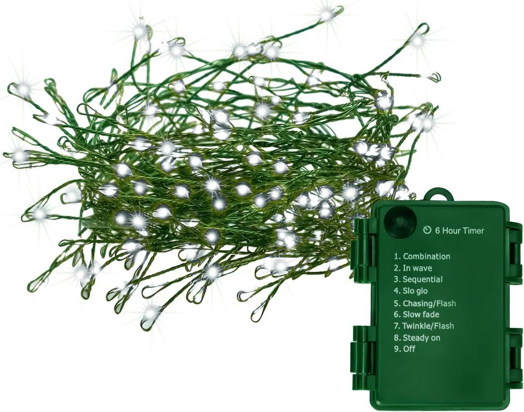 FairyGlim Battery Operated Christmas Lights, 10FT 100 Micro LEDs Fairy Lights with 8 Modes and Timer, Green Copper Wire for Indoor Outdoor Christmas Tree Wreath Garland Garden Party,Cool White