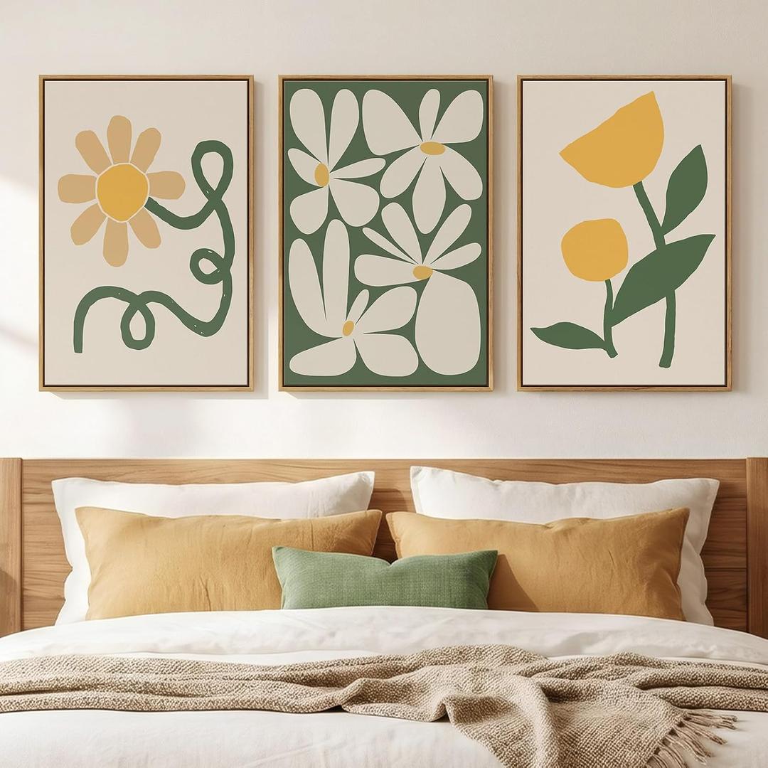 Framed Boho Abstract Wall Art Bedroom, 3 Piece Green and Yellow Mid Century Modern Canvas Artwork for Walls, Paintings Prints Botanical Floral Pictures for Living Room Dining Room Wall Decor, 16x24 In, 16" W x 24" H x 3Pcs
